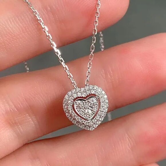 Sparkling‎ Heart Pendant Necklace with Double Halo Cubic Zirconia – Gift for Her - Picture 1 of 5